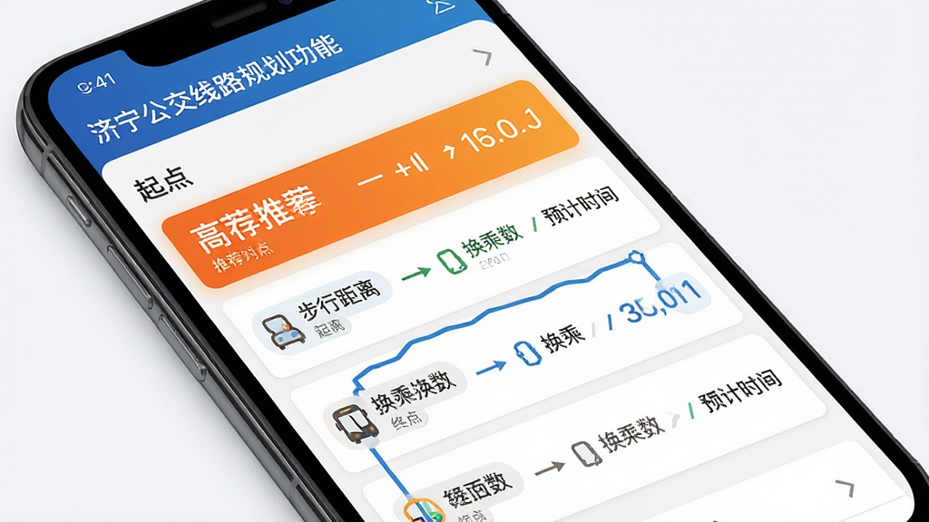 济宁公交线路规划功能展示图,画面为手机屏幕显示起点到终点的路线方案列表,包含多条线路对比,每条方案标注步行距离、换乘次数与预计时间,布局上下排列,排版规整,风格简约商务,细节上突出高亮推荐方案与路线颜色区分,画质高清,干净,无多余元素