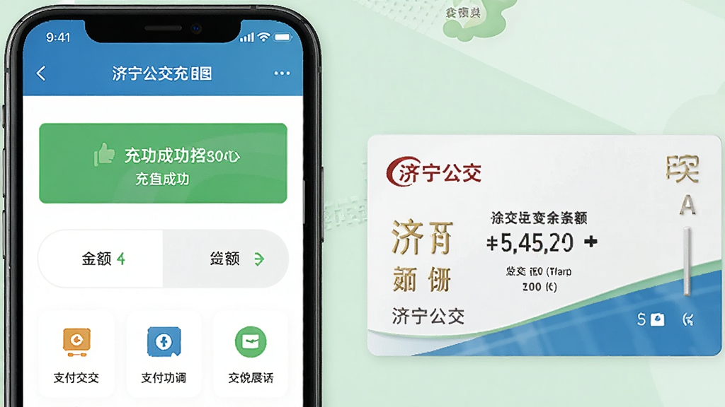 济宁公交公交卡充值功能展示图,画面为手机屏幕显示充值页面,包含金额选择按钮与支付方式图标,旁边放置一张济宁公交实体卡,布局左右结构,排版整洁,风格清新浅色,细节上突出充值成功提示与余额数字变化,画质高清,干净,无多余元素