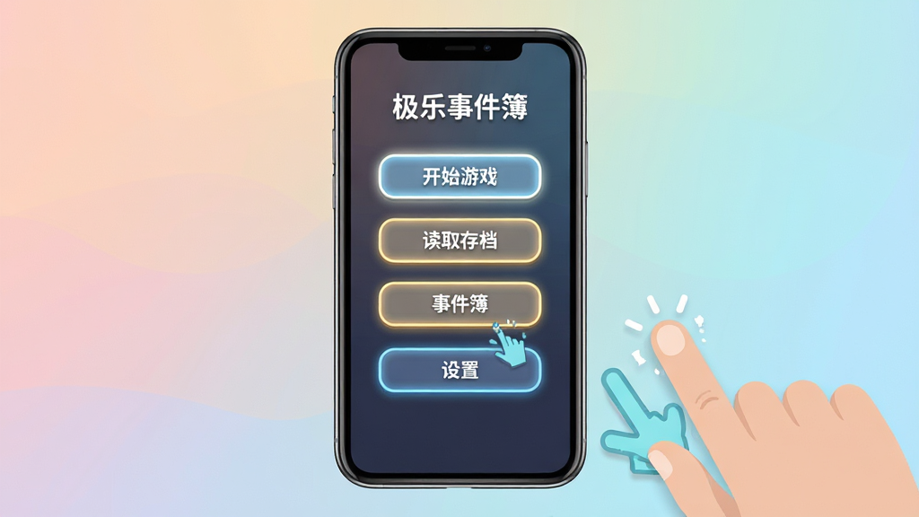 �����¼������ֲ�������ʾ��ͼ������չʾ�ֻ���Ļ����Ϸ���˵����֣�������ʼ��Ϸ����ȡ�浵���¼��������õȰ�ť���Ա�����ָ����Ķ���ʾ�⣬����Ϊ�ֻ������Ԫ�أ�����Ϊ����չʾ���Ű��࣬���Ϊ��ƽ��UI��ƣ�ϸ���ϰ�ť��΢��Ч��������Ϊ��ͽ��䣬�����������ɾ����޶���Ԫ��