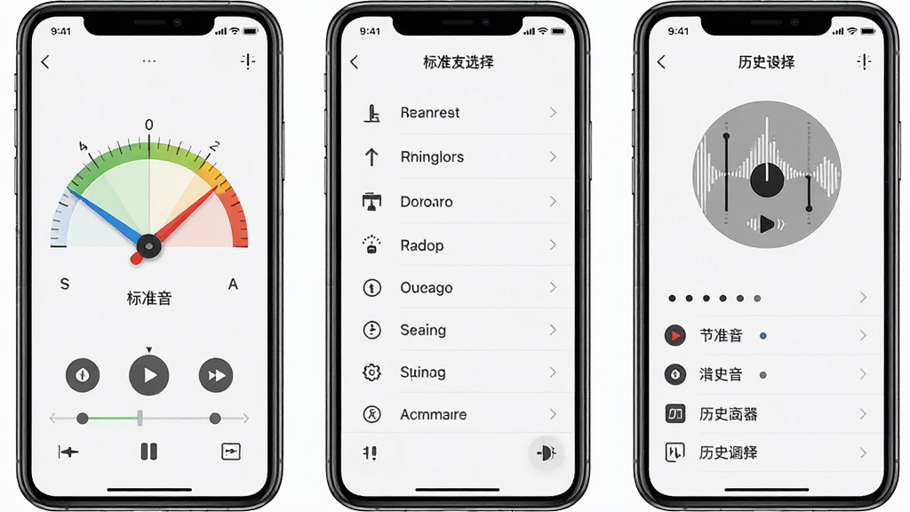 来音调音器功能界面组合图,画面由三个并排的手机屏幕组成,左侧屏幕显示指针调音界面,中间屏幕显示标准音发声选择列表,右侧屏幕显示节拍器与历史记录,布局为横向三栏排列,排版干净利落,风格为现代UI展示风,细节包括屏幕内文字与图标的清晰呈现,画质高清,干净,无多余元素
