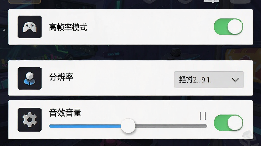 手机屏幕显示游戏设置界面,主体是画质调节滑块和权限开关;布局采用竖版手机截图样式,设置项从上到下排列;排版上每个选项有图标和文字说明;风格为游戏UI界面风格,细节包括“高帧率模式”开关、“分辨率”下拉框、“音效音量”滑块;画质清晰,画面干净,无多余元素。