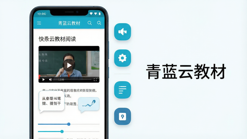 主体为一部安卓手机竖屏展示青蓝云教材阅读界面,布局采用左右分栏构图,左侧手机屏幕内显示富媒体教材页面,右侧悬浮若干功能图标,排版清晰有序,风格为清爽教育类UI展示风,细节包括视频播放窗口、笔记气泡和进度条,画面中打文字“青蓝云教材”,画质为高清4K,干净,无多余元素