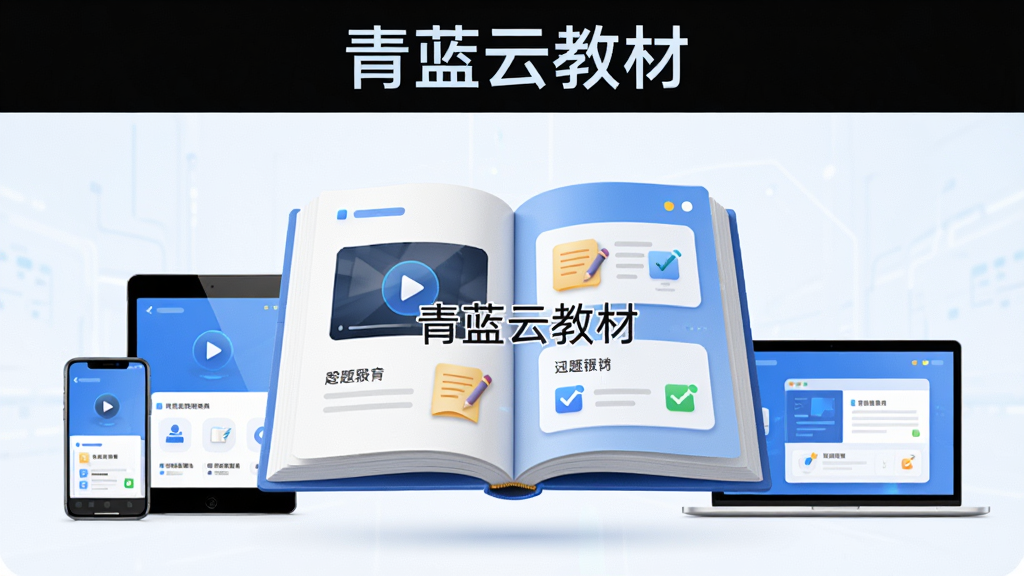 主体为一本展开的数字教材悬浮在画面中央,周围环绕手机、平板和笔记本电脑三种设备,布局采用居中对称构图,排版上方留出标题区域,风格为现代科技教育风,细节包括书页上浮现视频播放按钮、笔记图标和习题勾选标记,画面中打文字“青蓝云教材”,画质为高清4K,干净,无多余元素