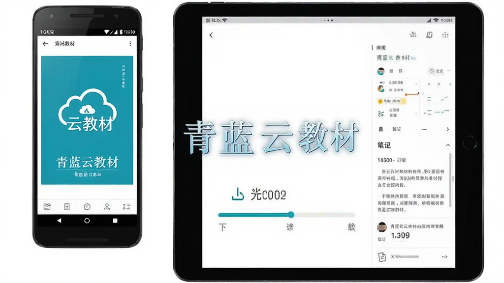 主体为一部安卓手机和一台平板并排展示青蓝云教材的阅读与下载界面,布局采用左右对比构图,排版上方为手机、下方为平板,风格为数码产品展示风,细节包括手机屏幕显示教材封面、平板屏幕显示下载进度条和笔记面板,画面中打文字“青蓝云教材”,画质为高清4K,干净,无多余元素