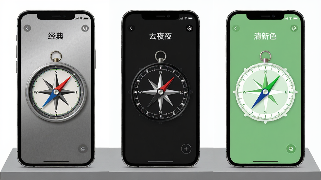 指南针智能软件主题皮肤展示图,画面中并排展示三部手机,分别呈现经典金属、暗夜黑、清新绿三种不同的罗盘界面风格,每部手机屏幕上的指南针样式各异,背景为简洁的灰色展示台,风格统一,画质清晰,干净无多余元素