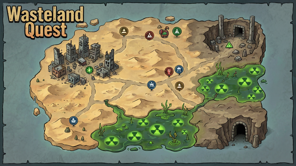 一张展示Wasteland Quest开放世界地图的游戏截图风格插画,画面以俯视角度呈现废土全景,包含沙漠区域、破败城市、绿色辐射沼泽和地下入口,地图上标注多个探索点位图标,画面左上角写有