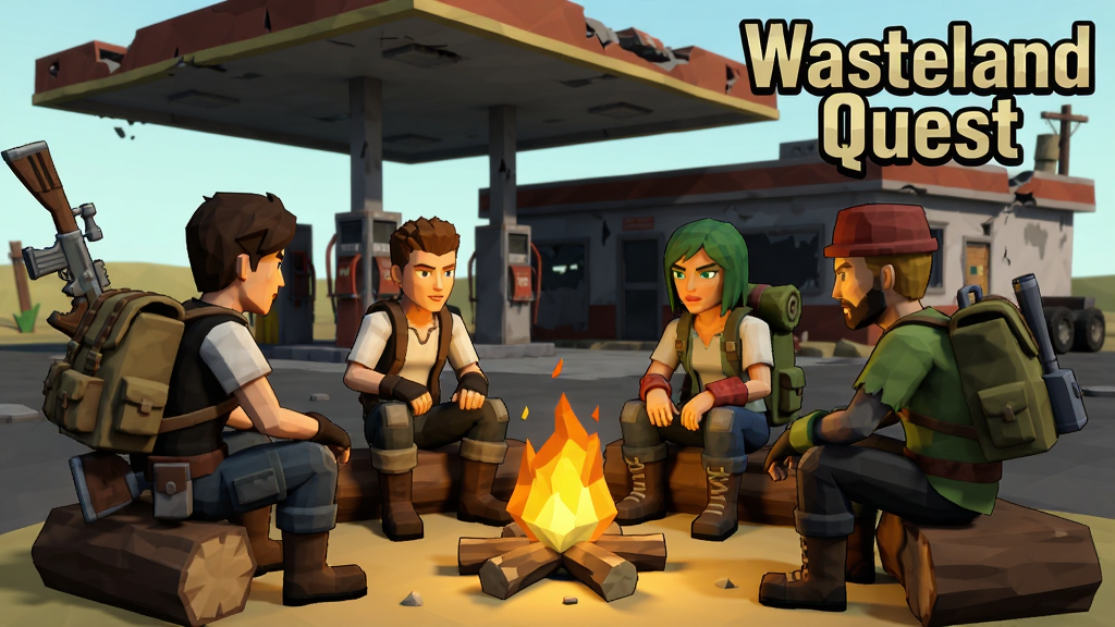 一张Wasteland Quest游戏内势力交互场景插画,画面展示玩家角色与三名不同阵营的幸存者NPC在篝火旁交谈,背景是破败的加油站,画面右侧写有