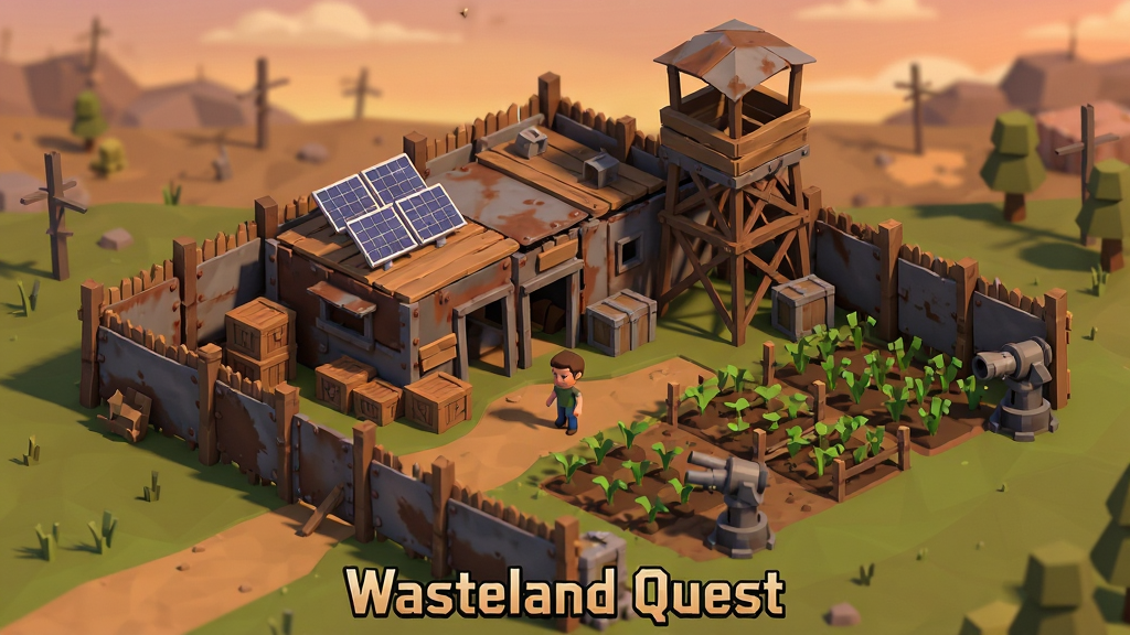 一张Wasteland Quest基地建设场景插画,画面主体是玩家用废铁和木板搭建的避难所,带有简易围墙、望塔和农田,背景是黄昏下的废土,画面下方写有