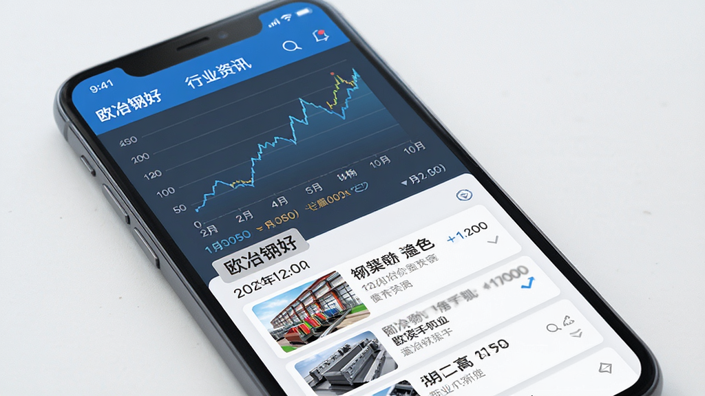 手机界面显示钢材价格走势折线图与行业资讯列表,图表下方有日期和价格标注,资讯卡片带有缩略图和标题,整体风格清新专业,配色以蓝白灰为主,画面中包含“欧冶钢好”标识,画质高清,干净无多余元素