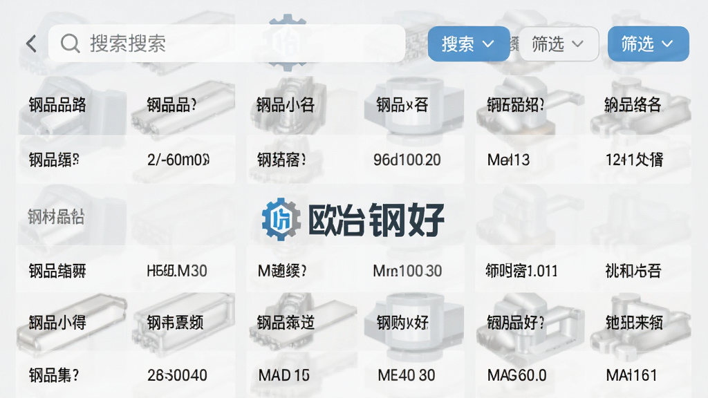 一张展示钢铁现货资源列表的手机应用截图,界面中有一排排钢材品名与规格信息,上方有搜索框和筛选按钮,背景为浅灰色,画面中央有“欧冶钢好”标志,扁平化设计风格,排版整齐,画质清晰,干净无多余元素