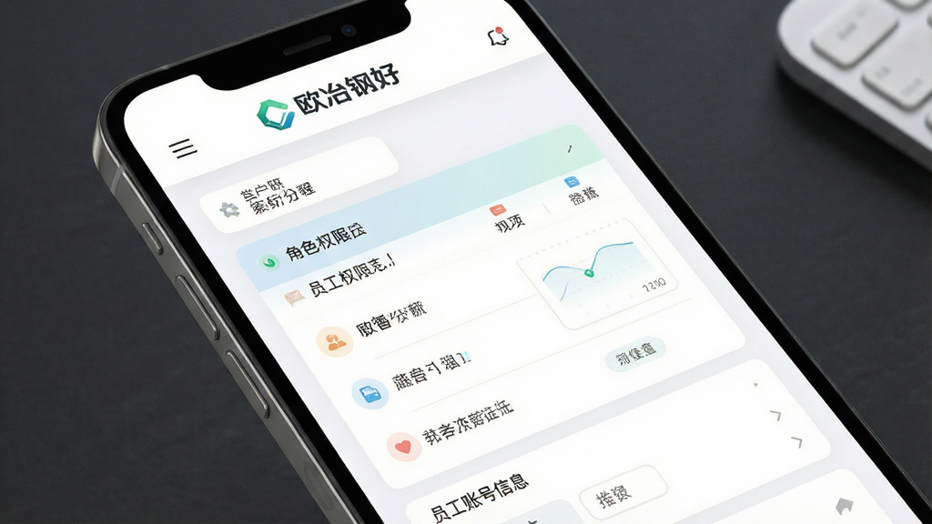 手机端企业账户管理界面,展示角色权限分配列表和员工账号信息,界面采用卡片式布局,配色柔和,顶部有“欧冶钢好”标志,细节清晰,画质高清,干净无多余元素