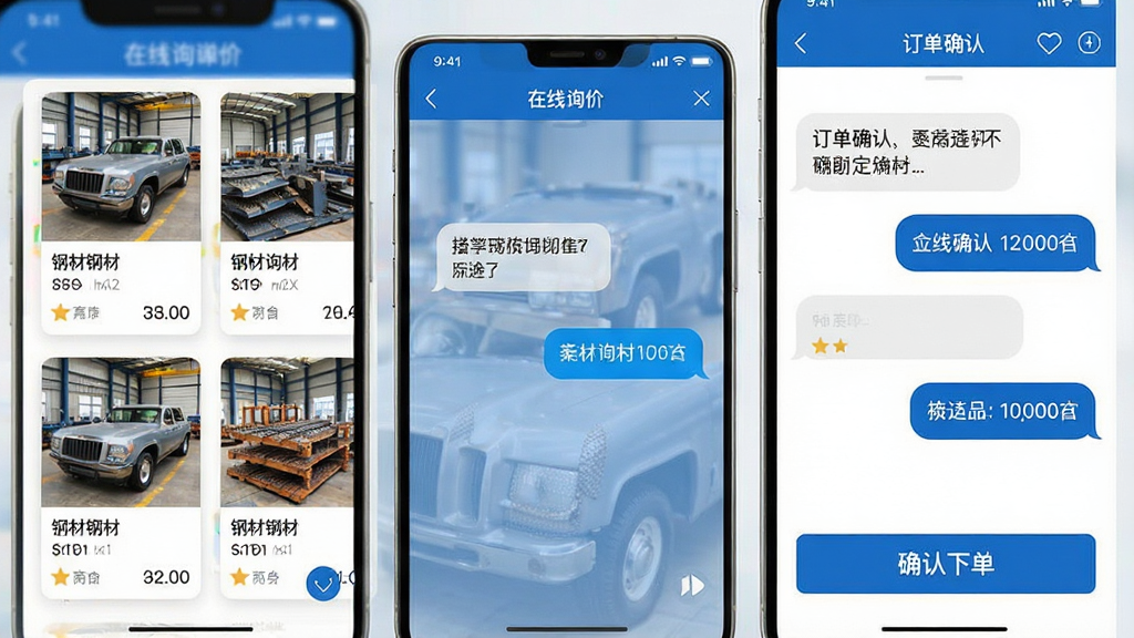 手机界面显示在线询价聊天窗口与订单确认页面,左侧为钢材商品卡片,右侧为对话气泡,底部有“确认下单”按钮,界面简洁商务风,蓝色主色调,布局合理,细节精致,画质高清,干净无多余元素