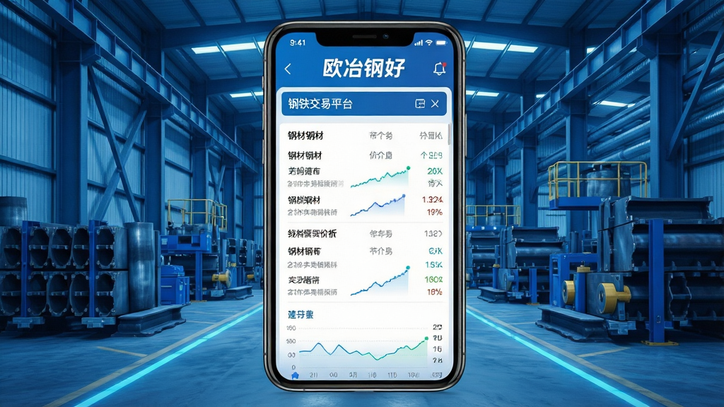 手机屏幕中展示钢铁交易平台界面,页面主体为钢材列表和价格走势图,顶部有“欧冶钢好”字样,背景为现代化钢铁仓库场景,蓝色科技感配色,布局清晰,扁平化UI风格,细节丰富,画质高清,干净无多余元素