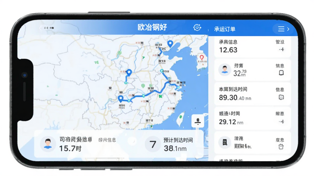 手机屏幕展示物流地图轨迹与承运订单列表,地图上有运输路线标记,下方显示司机信息和预计到达时间,界面风格现代简洁,以蓝色和白色为主,画面中有“欧冶钢好”字样,画质清晰,干净无多余元素