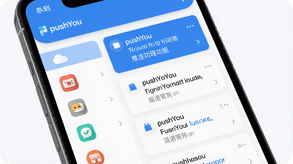 一张pushYou智能推送管理功能的示意图,画面中一部手机屏幕显示pushYou的通知分类界面,左侧是应用图标列表,右侧是对应的推送消息卡片,界面采用卡片式布局,蓝白配色,风格清爽,背景干净,画质清晰,无多余元素