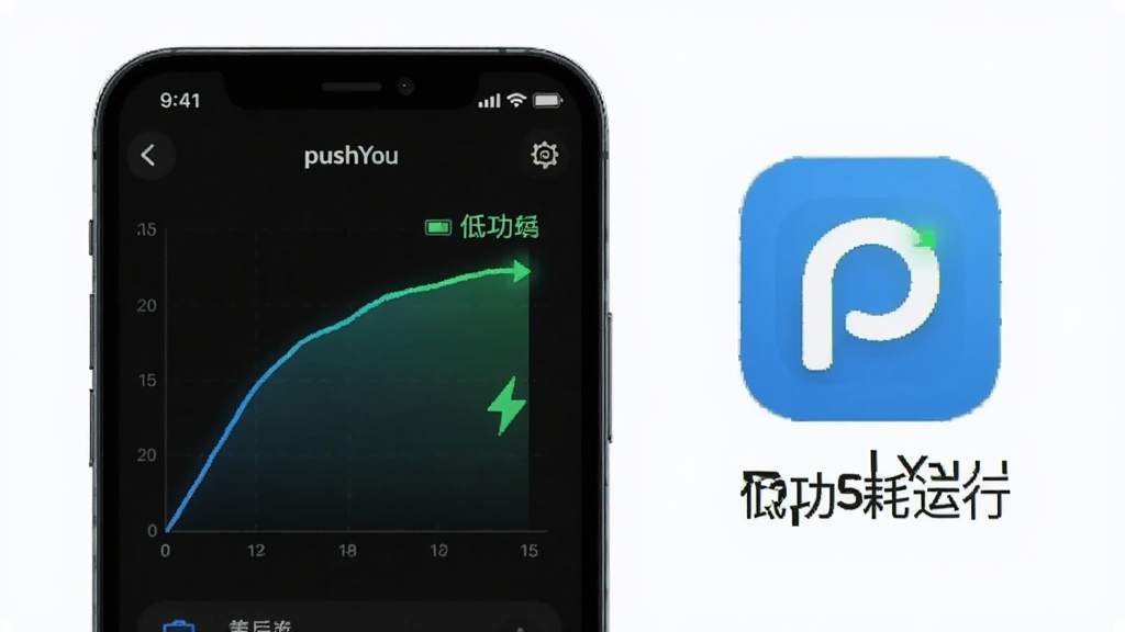一张pushYou低功耗后台运行的示意图,画面中一部手机显示电池续航曲线图,旁边有pushYou的图标和小字标注低功耗运行,整体风格简约科技感,蓝绿色调,背景为干净的白色,画质高清,无多余元素