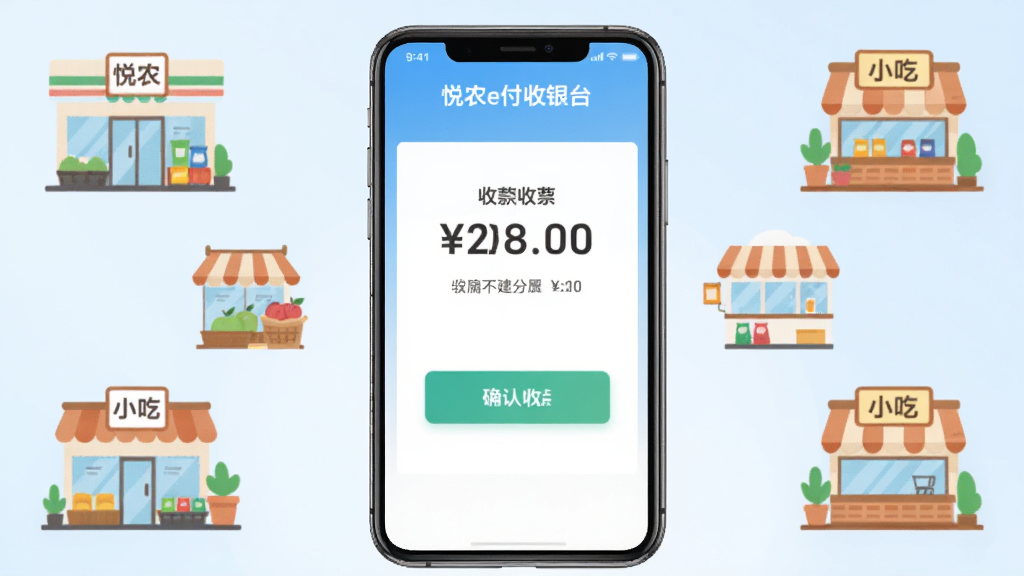 画面中央是一部智能手机,手机屏幕上显示着“悦农e付收银台”的收款界面,界面上有醒目的收款金额和确认收款按钮,手机周围环绕着便利店、水果店、小吃店等小型商户场景的简笔图标,背景是干净的浅蓝色渐变,整体采用扁平化插画风格,色彩柔和明亮,细节清晰,排版居中对称,画质干净无多余元素,适合作为软件介绍配图