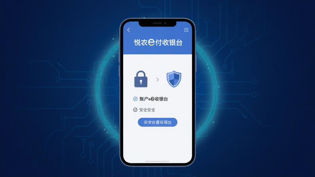 一部手机屏幕上显示“悦农e付收银台”的安全设置页面,页面上有锁形图标和盾牌图标,手机周围有淡淡的加密光晕效果,背景是深蓝色的科技感渐变,整体风格为安全主题的扁平插画,排版居中,色彩沉稳,画质干净,突出账户安全保护的概念