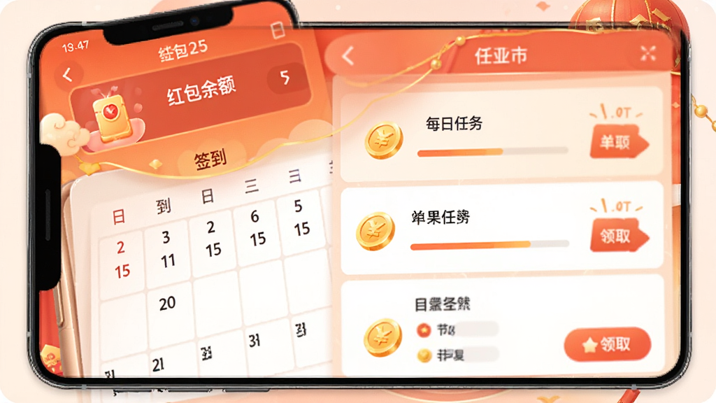 免费短剧看果果红包福利中心界面,主体为手机屏幕展示签到日历和任务列表,布局上方为红包余额展示区,中部为每日任务条目,排版清晰有序,风格为喜庆的橙红色调移动端界面,细节包含金币图标、进度条、领取按钮,画质高清干净无多余元素