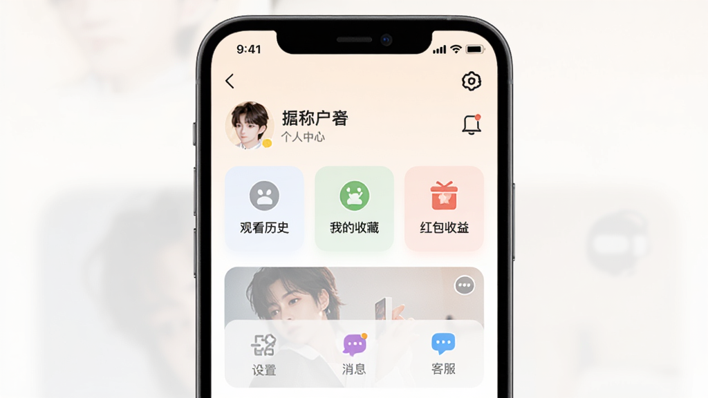 免费短剧看果果移动端操作界面截图,主体为手机屏幕展示个人中心页面,布局上方为用户头像和昵称,中部为观看历史、我的收藏、红包收益等功能入口,排版清晰,风格为柔和浅色系移动应用界面,细节包含设置图标、消息通知、客服入口,画质高清干净无多余元素
