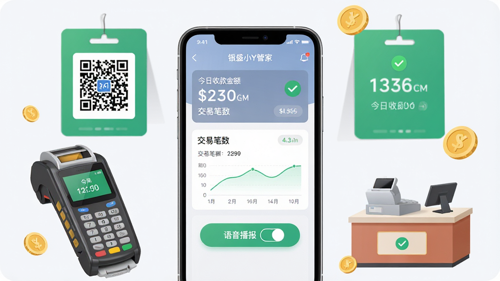 银盛小Y管家手机应用主界面展示,画面中央是一部智能手机,屏幕显示商户收款数据看板,包含今日收款金额、交易笔数、语音播报开关按钮,周围环绕收款码牌、POS机、店铺收银台等元素,布局简洁清晰,风格为扁平化商务科技风,细节包括数据图表、绿色确认图标、金色硬币点缀,画质高清,干净,无多余元素