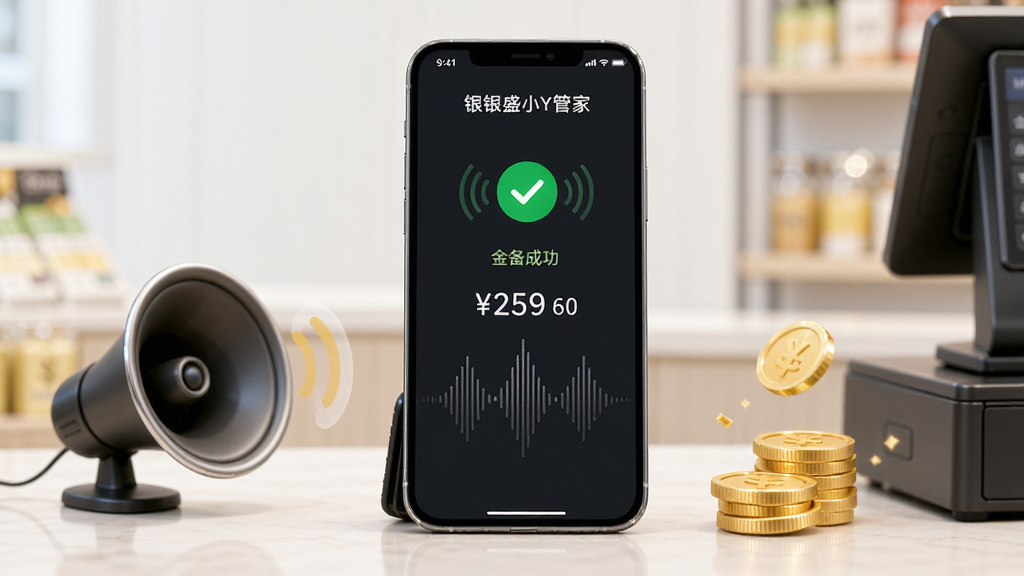 银盛小Y管家语音播报功能场景图,画面主体是一部放在收银台上的手机,屏幕显示收款成功界面并带有声波图标,旁边有喇叭和金币元素,布局为居中构图,风格为明亮写实风,细节包括绿色对勾、金额数字、声波纹理,画质高清,干净,无多余元素