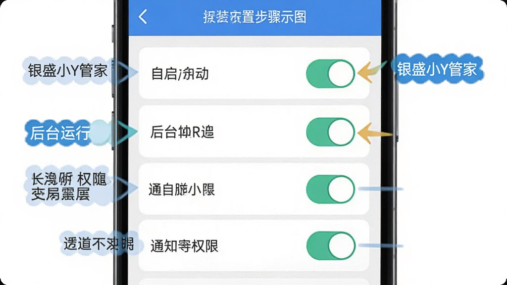 银盛小Y管家安装设置步骤示意图,画面为一部手机展示设置权限界面,包含自启动、后台运行、通知权限等开关按钮,布局为纵向列表,风格为扁平化教程风,细节包括高亮标注的开关、箭头指引、文字说明框,画质高清,干净,无多余元素
