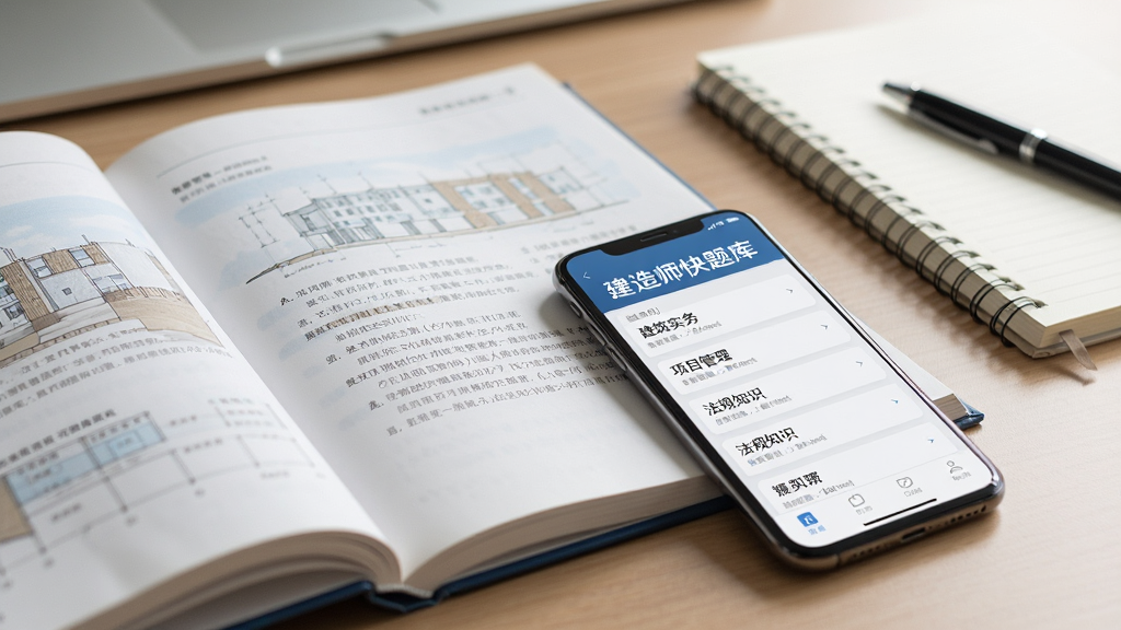 一本翻开的建筑工程教材旁边放着一部手机,手机屏幕上显示
