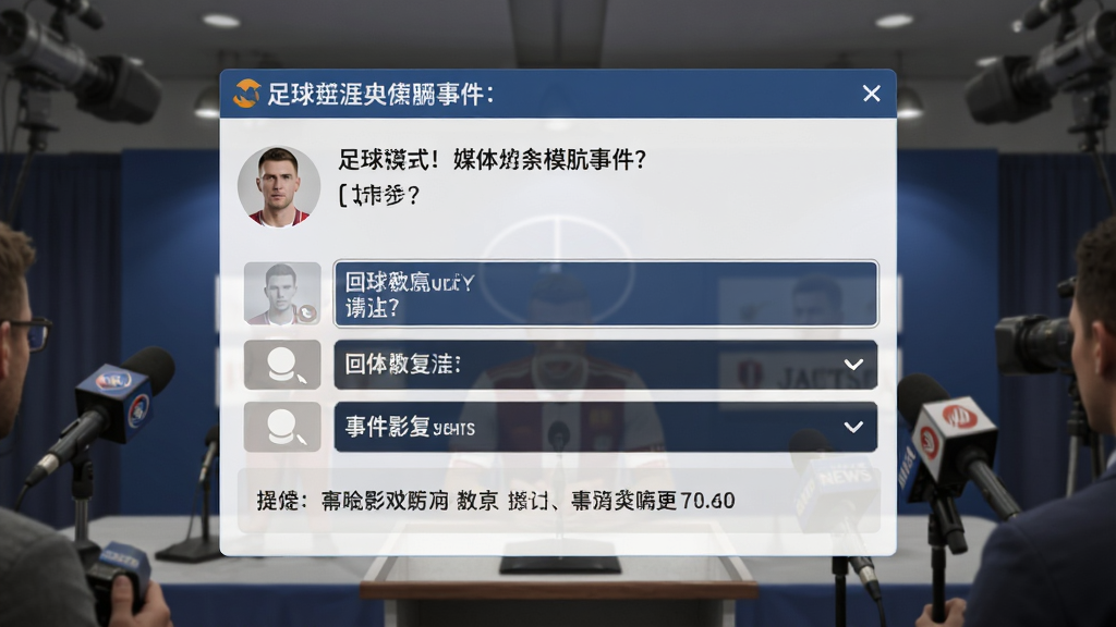 足球生涯模拟器随机事件弹窗截图,画面展示一则媒体采访事件对话框,包含记者提问、多个回复选项、事件影响提示,背景为新闻发布会现场,风格写实新闻风,文字排版清晰,画质干净无多余元素