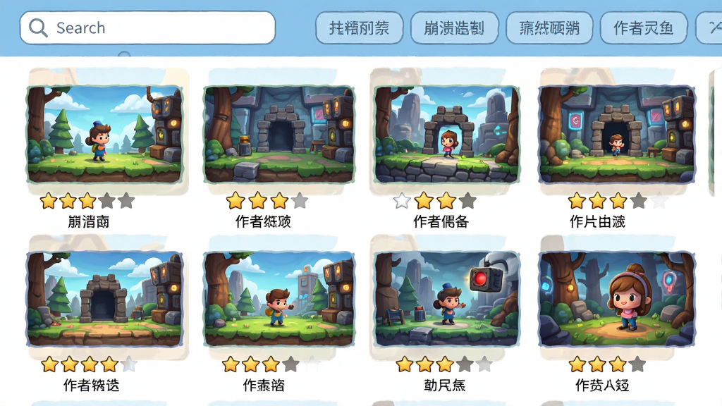 崩溃制造在线关卡列表面板,画面显示多个玩家自制关卡缩略图,每个缩略图下方有星级评分和作者名称,界面顶部有搜索框和分类标签,风格为清新卡通风格,布局为网格排列,排版整齐,细节包括缩略图画面、星级图标、搜索框,画质高清,干净,无多余元素