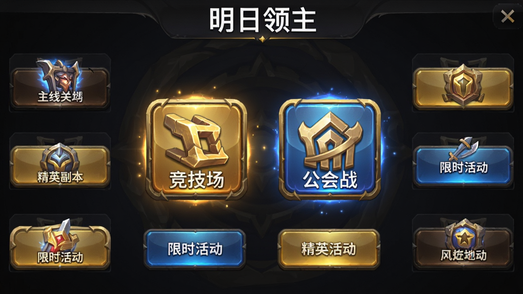 ����չʾһ����Ϸ�ڵĻ���棬�����Ǿ������͹���ս��ͼ�갴ť����Χ���������߹ؿ�����Ӣ��������ʱ�����ڣ����������ɫ���������ɫ����ɫ��ť�����ͳһ������������ϸ�����а�ť�����ͼ������Ч�������ʸɾ����޶���Ԫ�أ����涥���ð�ɫ����д�š�����������