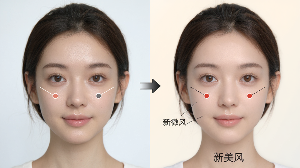 一张展示AI美颜效果的对比图,左侧为未美颜的原始人像,右侧为经过“新美风”美颜处理后的人像,画面中间有箭头指向,背景为简洁的浅色渐变,风格清新自然,细节包括皮肤质感对比、五官微调标注,画质高清,干净,无多余元素