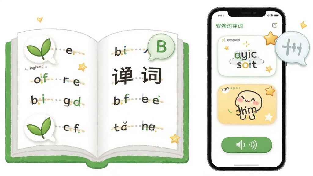 软件名称词芽单词,主体是一本翻开的英语单词书和手机屏幕,屏幕上显示卡通单词卡片和发音按钮,布局为左书右机居中排列,排版干净留白充足,风格为清新教育插画风,细节包含绿色嫩芽图标、字母气泡、星星奖励元素,画质高清干净无多余元素