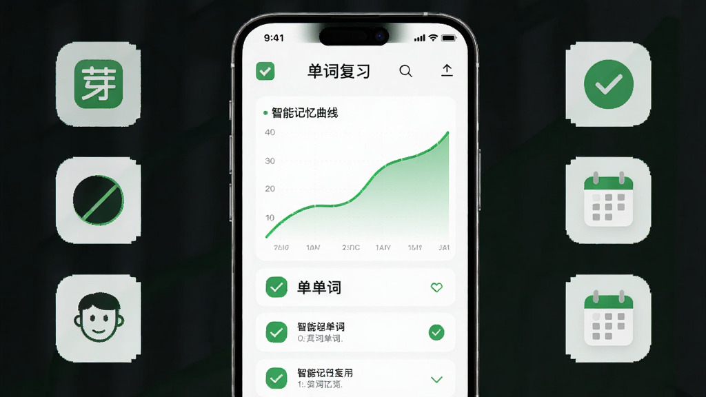 软件名称词芽单词,主体为手机界面展示智能记忆曲线和单词复习列表,布局为中央手机大图加两侧数据小图标,排版对称清晰,风格为科技教育风,细节包含绿色上升曲线、对勾标记、日历提醒图标,画质高清干净无多余元素