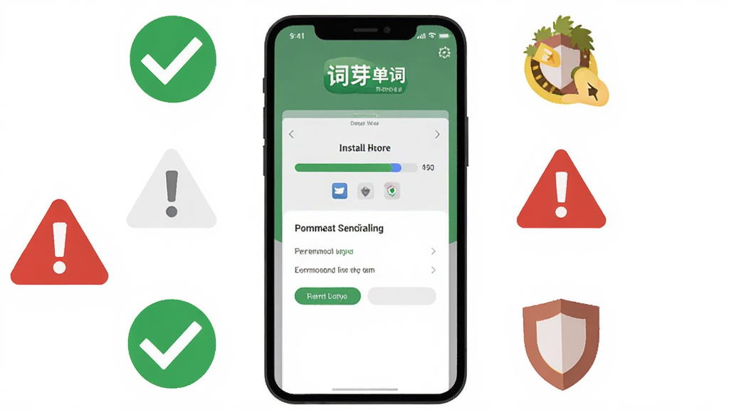 软件名称词芽单词,主体为手机屏幕显示安装进度条和权限设置界面,布局为手机居中加周围警示图标,排版简洁明了,风格为扁平化教程风,细节包含绿色对勾、红色感叹号、盾牌图标,画质高清干净无多余元素