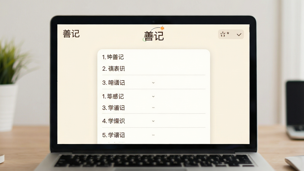 软件主界面展示,画面中央是简洁的笔记列表,背景为柔和的米白色,顶部有“善记”应用名称标识,整体风格清新简约,细节清晰,画质干净,无多余元素