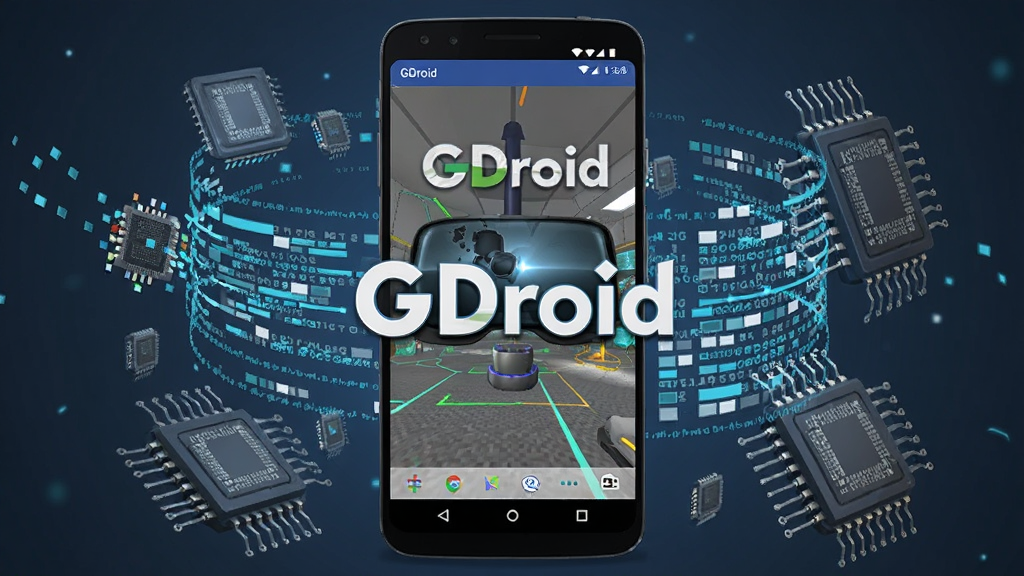 一部安卓手机正在运行GDroid,屏幕上显示VR游戏场景,画面中有悬浮的