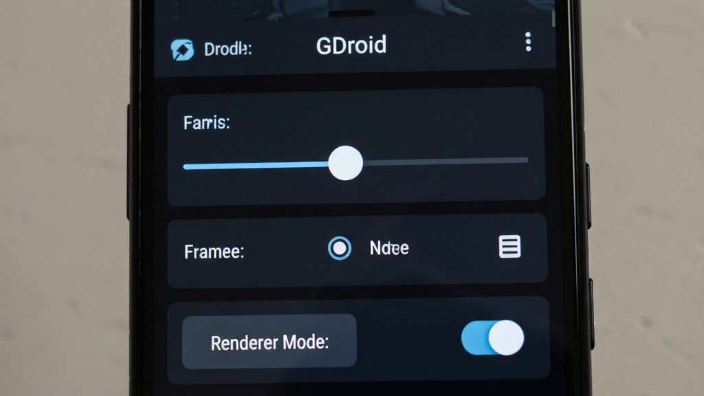 一张手机屏幕显示GDroid设置界面的图片,界面中有画质档位滑块、帧率选项和渲染模式切换按钮,屏幕上方有
