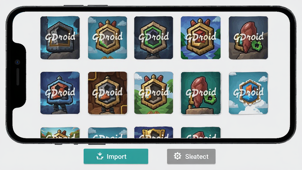 GDroid游戏库管理界面示意图,手机屏幕中显示多个游戏封面卡片排列,每个卡片上有
