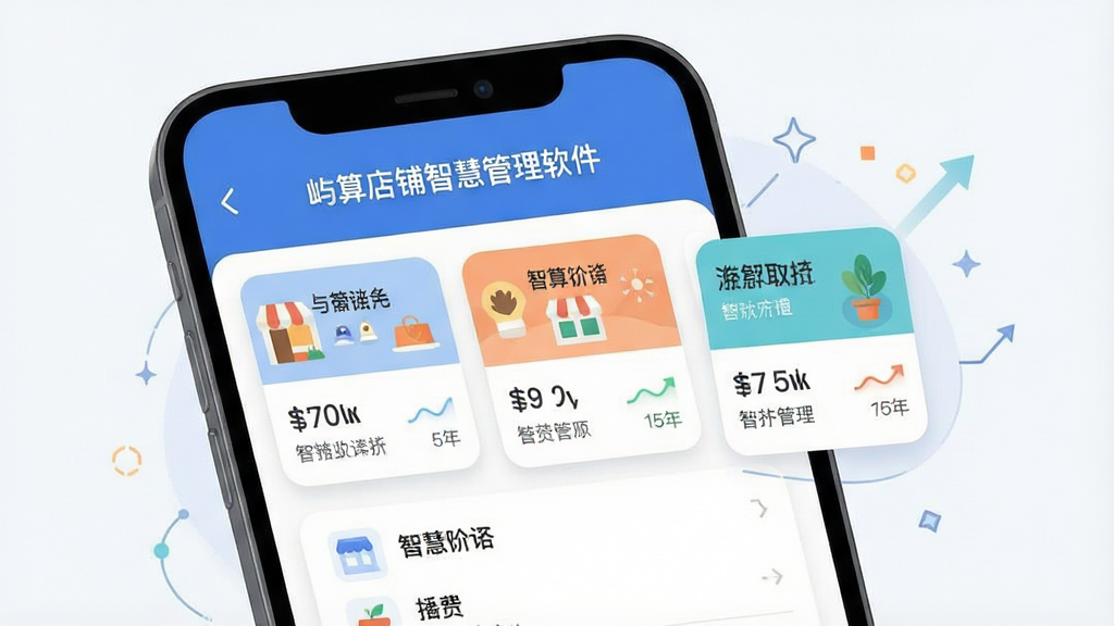 一张表现多店铺统一管理的AI生图,画面主体为一部手机屏幕中显示三个店铺卡片并列排布,每个卡片上有店铺名称和简略数据,布局为上下结构,上方为标题区域,下方为卡片列表,风格为扁平化商务插画,细节包括卡片圆角、轻微阴影和简洁图标,画质高清,干净,无多余元素,画面中文字为“屿算店铺智慧管理软件”