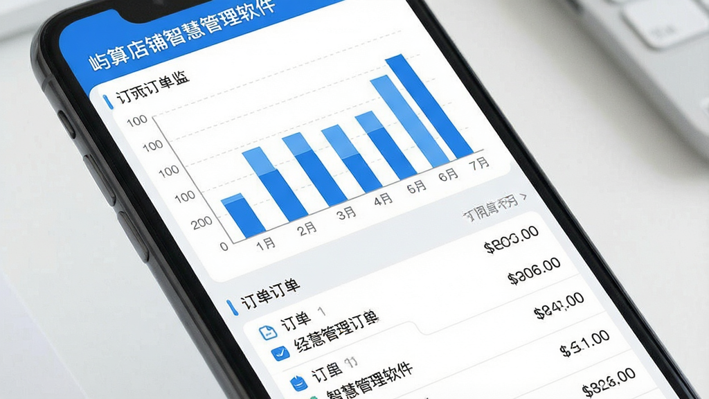 一张展示订单与经营统计功能的AI生图,画面主体为手机屏幕中显示柱状图和订单列表,布局为上方图表下方列表,风格为简洁数据可视化界面,细节包括蓝色柱状条、灰色坐标轴和清晰的数字标签,画质高清,干净,无多余元素,屏幕中文字为“屿算店铺智慧管理软件”