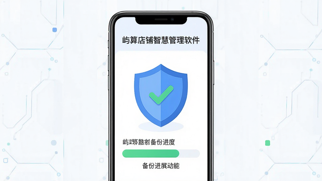 一张表现数据安全与备份功能的AI生图,画面主体为手机屏幕中显示备份进度条和盾牌图标,布局为居中对称结构,风格为科技感扁平插画,细节包括蓝色盾牌、绿色对勾和简洁的文字说明,画质高清,干净,无多余元素,屏幕中文字为“屿算店铺智慧管理软件”