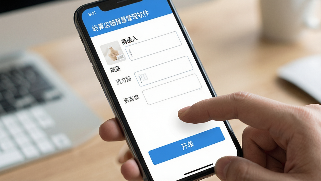 一张展示手机端店铺管理操作流程的AI生图,画面主体为一只手拿着手机,屏幕中显示商品录入界面和开单按钮,布局为手持特写,风格为写实生活场景,细节包括手指点击屏幕的动作、界面中清晰的输入框和按钮,画质高清,干净,无多余元素,屏幕中文字为“屿算店铺智慧管理软件”