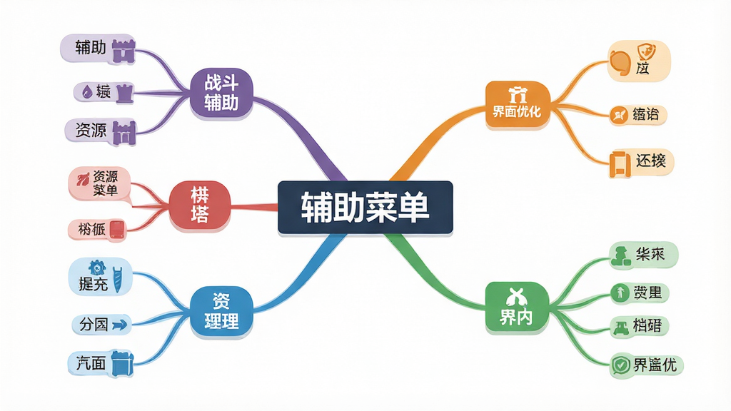 一张信息图表风格图片,画面展示塔和弓(辅助菜单)的功能分类结构,中央为软件名称标题,周围延伸出战斗辅助、资源管理、界面优化等分支模块,每个模块配有简洁图标,布局为放射状思维导图,风格为扁平化设计,细节包含线条连接、色彩区分,画质高清,干净,无多余元素