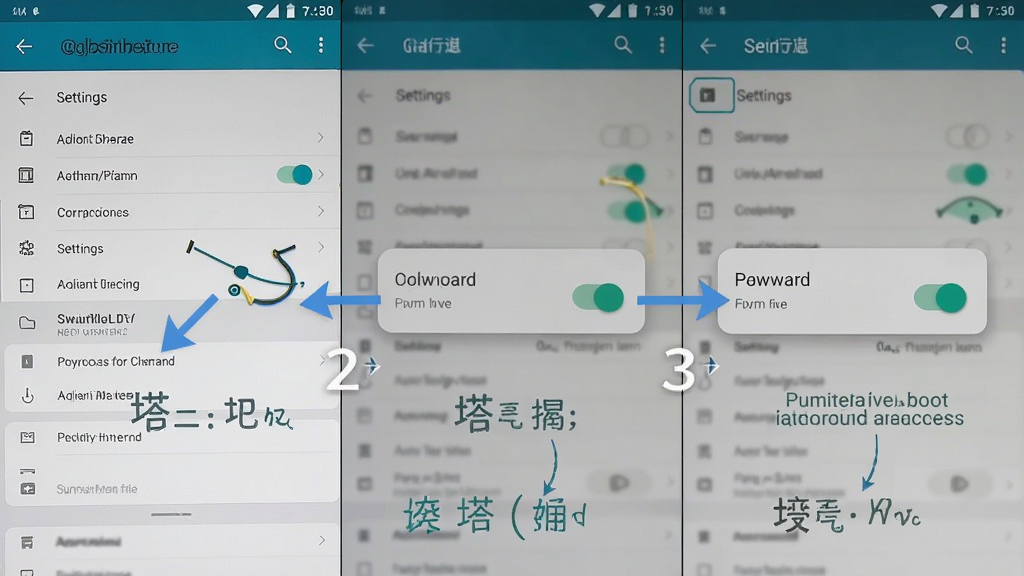 一张手机操作指引图,画面展示塔和弓(辅助菜单)在安卓手机上的权限设置步骤,屏幕上显示设置菜单和悬浮窗权限开关,布局为分步截图拼接,风格为教程图解,细节包含箭头指示、文字标注,画质高清,干净,无多余元素