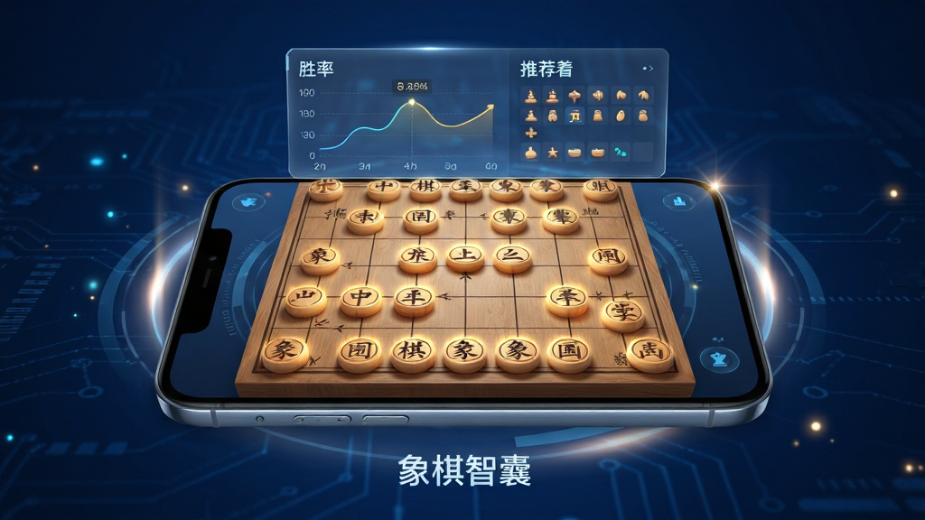 画面中央展示一部智能手机,屏幕内呈现中国象棋棋盘与发光棋子,棋盘上方悬浮半透明数据面板显示胜率曲线与推荐着法,背景为深蓝色科技感空间,布局采用主体居中加四周光效点缀,排版上下分层清晰,风格为现代科技与国风结合,细节包括棋盘纹理、棋子立体质感、界面UI元素与柔和光晕,画质高清锐利,干净无多余元素,图中文字为“象棋智囊”。