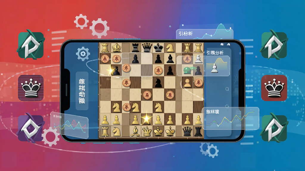 画面主体为一部横向放置的安卓手机,屏幕中显示象棋棋盘与多个引擎分析标签页,手机周围环绕抽象的数据流与齿轮图标,布局采用手机居中、左右两侧分布引擎标识,排版强调科技感与信息层次,风格为扁平化科技插画,细节包括棋盘网格、棋子高光、数据曲线与半透明面板,画质清晰,干净无多余元素,图中文字为“象棋智囊”。