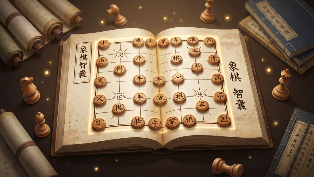 画面主体为一本展开的虚拟棋谱书籍,书页上浮现中国象棋棋盘与棋子,周围散落着卷轴与古籍元素,布局采用书籍居中、四周点缀棋子与光点,排版突出知识沉淀感,风格为古典雅致与现代数字融合,细节包括纸张纹理、棋子木质质感、柔和暖光,画质高清,干净无多余元素,图中文字为“象棋智囊”。