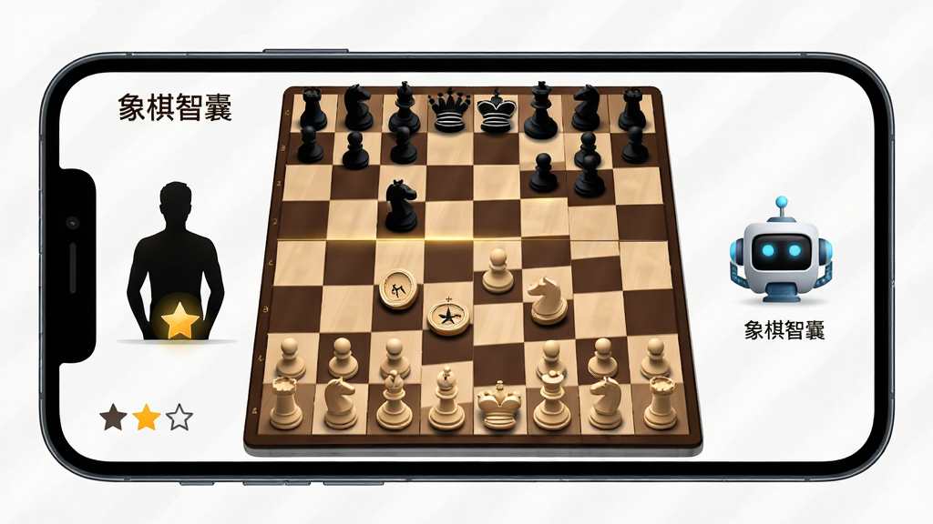 画面主体为手机屏幕显示象棋对弈界面,棋盘两侧分别有真人剪影与机器人图标,布局采用对称式构图,排版突出对战氛围,风格为简约竞技风,细节包括棋盘光影、棋子立体感、难度星级图标,画质清晰,干净无多余元素,图中文字为“象棋智囊”。