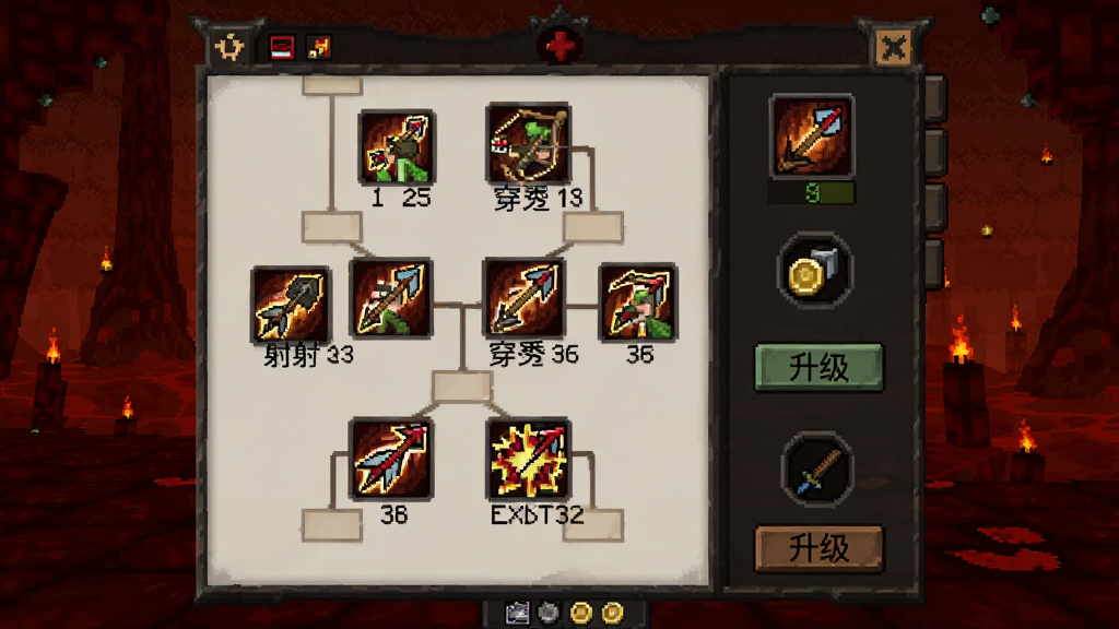 游戏技能界面截图,画面中央显示弓箭手技能树,包含多重射击、穿透箭、爆炸箭等图标,背景为暗红色下界风格UI,主体为技能面板,布局采用左右分栏,风格为像素游戏界面,细节包含技能等级数字、金币图标、升级按钮,画质清晰,干净,无多余元素